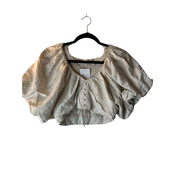 Luxxel Top Size Medium Beige Linen Rayon Button Puff Sleeve Cropped Bohemian - Picture 1 of 12